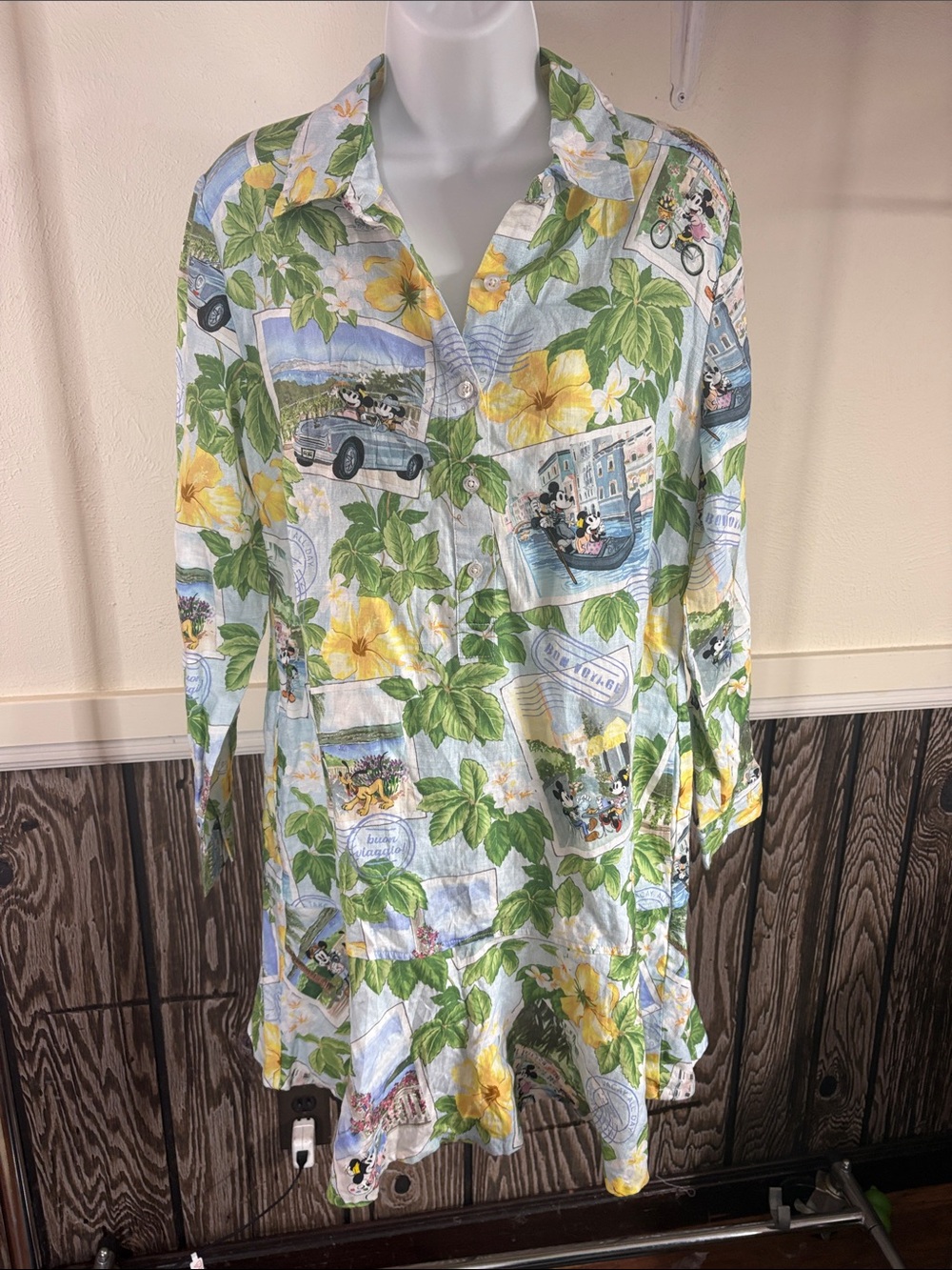 Disney X Tommy Bahama Floral & Travel Print Mini Dress in Green, Yellow & Blue